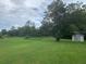Lush backyard featuring green grass and a storage shed, ideal for outdoor enjoyment at 35209 Dolphin Lake Dr, Zephyrhills, FL 33541