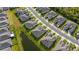 An aerial view of homes in a community surrounding a pond in a residential neighborhood on a sunny day at 5735 Mezzana Run, Palmetto, FL 34221