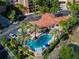 Aerial shot of a luxurious community pool surrounded by lush greenery and palm trees at 12033 Gandy N Blvd # 131, St Petersburg, FL 33702