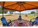 Backyard has a brick patio with an orange gazebo and seating with an open field of grass at 13312 Waterford Castle Dr, Dade City, FL 33525