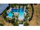 Aerial view of the community pool area with palm trees, lounge chairs, and a tranquil atmosphere at 14975 Renaissance Ave, Odessa, FL 33556