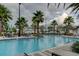 Community pool surrounded by palm trees, lounge chairs, and dining sets for relaxing and entertaining residents at 14975 Renaissance Ave, Odessa, FL 33556