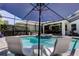 A refreshing pool with an umbrella, white lounge chairs, and a spa is perfect for outdoor relaxation at 14975 Renaissance Ave, Odessa, FL 33556