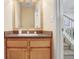 Charming powder room featuring a vanity, mirror, and a glimpse of the carpeted stairs at 19281 Stone Hedge Dr, Tampa, FL 33647