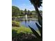 Scenic view of a pond featuring a fountain, surrounded by lush greenery at 3964 Silk Oak Ln, Palm Harbor, FL 34685