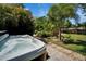 Backyard features a luxurious hot tub amidst lush tropical landscaping and beautiful greenery at 402 Merlin Ct, Brandon, FL 33510