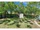 Green backyard featuring a storage shed, bordered by mature trees and plantings, with ample space for outdoor activities at 402 Merlin Ct, Brandon, FL 33510