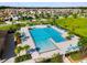 Aerial view showcasing a large swimming pool, palm trees, and surrounding residential community at 4456 Globe Thistle Dr, Tampa, FL 33619