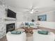 Inviting living room area with a stone fireplace and soft, neutral furnishings at 619 2Nd St # 3, Indian Rocks Beach, FL 33785