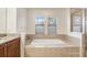 Bright bathroom features an inset soaking tub, ceramic tile and a dual window set at 923 Lumsden Reserve Dr, Brandon, FL 33511