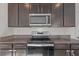 Well-equipped kitchen includes a stainless steel microwave, stove, and dark cabinetry at 10940 Trailing Vine Dr, Tampa, FL 33610