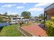 Waterfront backyard with dock, boat, green grass and a tiled patio at 3497 Coquina Key Se Dr, St Petersburg, FL 33705