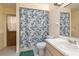 Compact bathroom with a combination tub, shower with floral shower curtain and simple vanity at 4442 Summer Oak Dr, Tampa, FL 33618