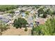 Aerial shot of a residential area with a pool, green lawns, and mature trees at 9730 Reynosa Dr, New Port Richey, FL 34655