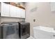 Laundry room equipped with modern appliances, a utility sink, and storage cabinets at 10016 Oxford Chapel Dr, Tampa, FL 33647