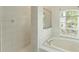 Bright bathroom featuring a soaking tub next to a window and a walk-in shower, offering a spa-like experience at 17812 Arbor Greene Dr, Tampa, FL 33647