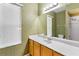 Bathroom featuring a single sink vanity, a mirror, and a shower-tub combo, enhanced by a large window at 17812 Arbor Greene Dr, Tampa, FL 33647