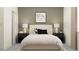 Cozy bedroom with a neutral color scheme, a comfortable bed, bedside tables, and stylish lamps at 18465 Serene Lake Loop, Lutz, FL 33548