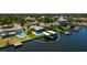 Aerial view of a waterfront property with a pool, lush backyard, boat dock, and gulf access at 263 87Th N Ave, St Petersburg, FL 33702