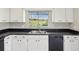 Clean kitchen features white cabinets, black countertops, stainless sink and backyard view at 4016 Lighthouse Way, New Port Richey, FL 34652