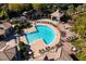 Aerial shot of the community pool, outdoor seating area, and lush landscaped surroundings at 728 Seagate Dr, Tampa, FL 33602