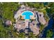 Drone shot showcasing the community's luxurious pool, seating area, and manicured landscaping at 728 Seagate Dr, Tampa, FL 33602