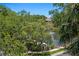 Scenic view of the pond and fountain, with seating area, deck, and mature trees for shade at 728 Seagate Dr, Tampa, FL 33602