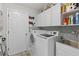 Efficient laundry room features a modern washer and dryer and ample storage cabinets at 9723 Rolling Cir, San Antonio, FL 33576