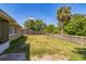 Fenced backyard offering a grassy lawn and lush trees for outdoor enjoyment at 10016 Glen Moor Ln, Port Richey, FL 34668