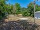 View of the backyard showing lush landscaping, a utility pole, and a concrete slab at 14049 12Th St, Dade City, FL 33525