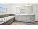A modern bathroom features double vanity, soaking tub and beautiful fixtures at 1741 Cherry Walk Rd, Lutz, FL 33558