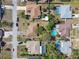 Overhead view of a neighborhood featuring homes, swimming pools, and mature trees at 2071 Linwood Ave, Spring Hill, FL 34608