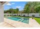 Backyard swimming pool with tanning ledge, well-manicured lawn, privacy fence, and mature landscaping at 500 E Davis Blvd, Tampa, FL 33606