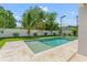 Backyard swimming pool with tanning ledge, manicured lawn, privacy fence, mature landscaping, and blue sky at 500 E Davis Blvd, Tampa, FL 33606