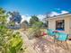 A backyard with a patio and blue outdoor furniture, surrounded by various plants and greenery at 5100 Aragon S Way, St Petersburg, FL 33705
