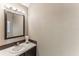 Powder room with single sink vanity, large mirror, and wall lighting at 8518 Broken Willow Ct, Tampa, FL 33647