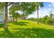 Backyard with lush green lawn and mature trees leading down to the canal at 8717 Betty St, Port Richey, FL 34668