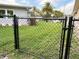 Fenced backyard with lush grass and a secure chain-link gate leading to a serene outdoor space at 10627 Mira Vista Dr, Port Richey, FL 34668