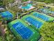 Scenic aerial view of community featuring tennis and basketball courts, swimming pools, and lush landscaping at 11644 Meridian Point Dr, Tampa, FL 33626