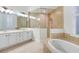Well-lit main bathroom with tiled tub, tiled shower with glass wall, and dual sinks at 11644 Meridian Point Dr, Tampa, FL 33626