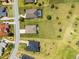Aerial view showcases properties, lush green spaces, and tree coverage in the neighborhood at 13953 Thoroughbred Dr, Dade City, FL 33525