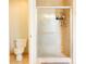Bathroom featuring a walk-in shower with glass door, tile surround and a toilet in a separate space at 17734 Long Ridge Rd, Tampa, FL 33647