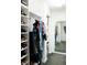 Spacious walk-in closet with custom shelving, drawers, hanging rods, mirror and carpeted floors at 17734 Long Ridge Rd, Tampa, FL 33647