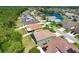 Aerial view of a neighborhood with mature trees and a view of a scenic lake at 2321 Wood Pointe Dr, Holiday, FL 34691