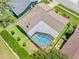 Aerial view of home, showcasing the screened-in pool, expansive roof, and landscaped yard at 2850 Allapattah Dr, Clearwater, FL 33761