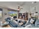 A comfortable living room features a ceiling fan, fireplace, large sofas, and exterior views at 3314 Cypress Landing Dr, Valrico, FL 33596