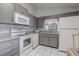 This kitchen features grey cabinetry, white appliances, and a window over the sink at 1034 Mandarin Dr, Holiday, FL 34691