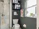 This bathroom features dark green walls and a sleek glass-enclosed shower and white toilet at 1050 22Nd N Ave, St Petersburg, FL 33704