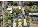 A direct aerial view showcases a residential area with mature trees and the light blue home at 110 Kenwood Ave, Clearwater, FL 33755