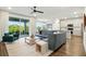 Open-concept living area showcasing hardwood floors, modern lighting, a spacious layout, and backyard access at 18172 Ramble On Way, Land O Lakes, FL 34638